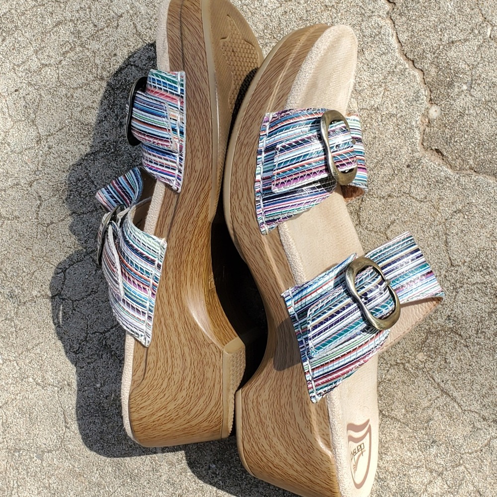 Dansko Sophie Multi Color Strappy Striped Leather Slide Sandals Wedge 37 Casual - Picture 9 of 11